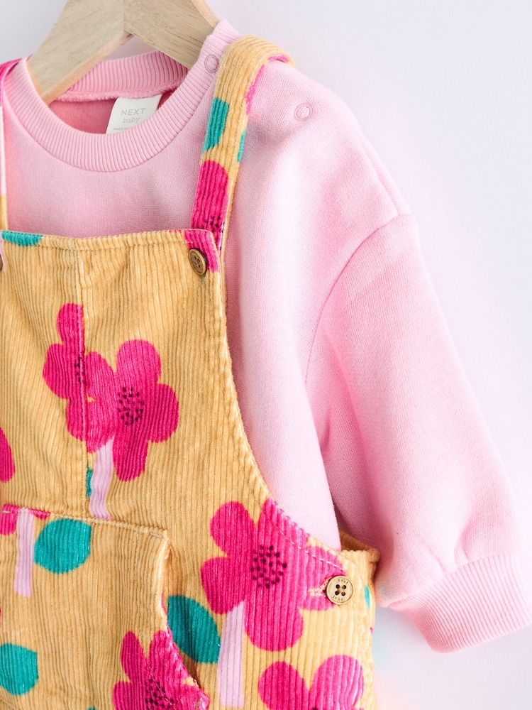 Ochre Yellow/ Pink Floral Baby Corduroy 100% Cotton Dungarees and Long Sleeve Bodysuit Set (0mths-2yrs) - Image 9 of 13