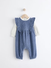 Navy Blue Broderie Baby Corduroy 100% Cotton Dungarees and Long Sleeve Bodysuit Set (0mths-2yrs) - Image 1 of 6