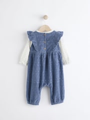 Navy Blue Broderie Baby Corduroy 100% Cotton Dungarees and Long Sleeve Bodysuit Set (0mths-2yrs) - Image 2 of 6