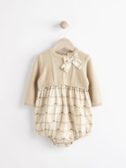 Beige/Cream Bear Print Baby 100% Cotton Bloomer Romper With Tights (0mths-2yrs) - Image 1 of 11