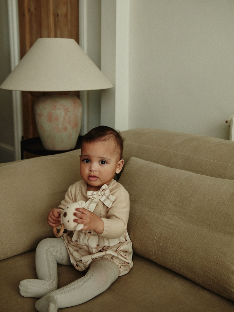 Beige/Cream Bear Print Baby 100% Cotton Bloomer Romper With Tights (0mths-2yrs) - Image 2 of 11