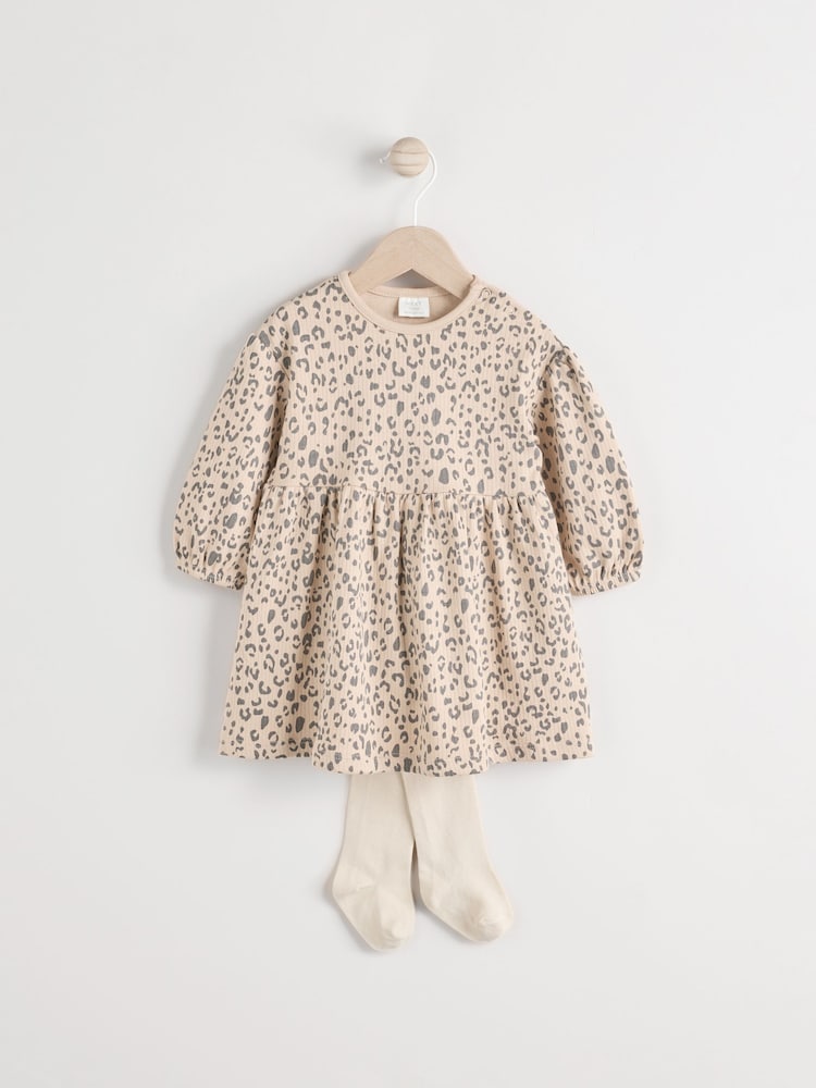 Tan Brown Leopard Print Baby Jersey Dress With Tights (0mths-2yrs) - Image 1 of 11
