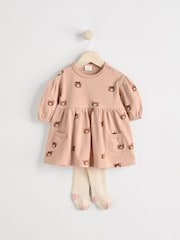 Caramel Brown/Pink Bear Print Baby Jersey Dress With Tights (0mths-2yrs) - Image 1 of 6
