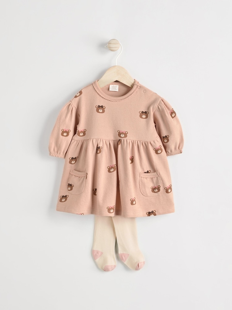 Caramel Brown/Pink Bear Print Baby Jersey Dress With Tights (0mths-2yrs) - Image 1 of 6