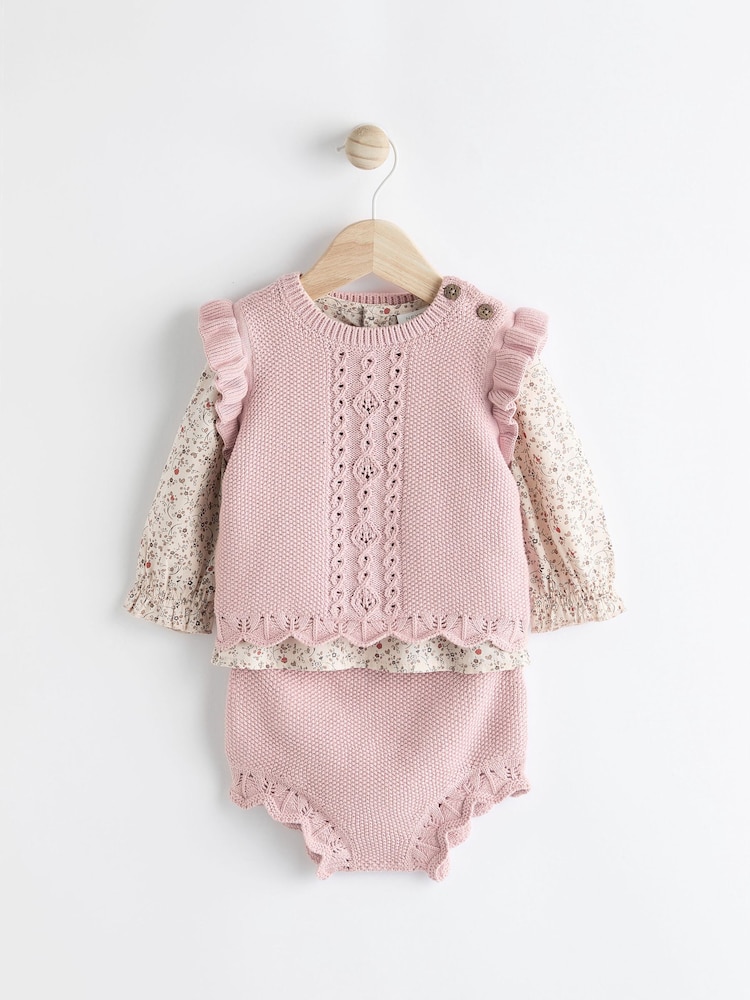 Pink Knitted Bloomer 100% Cotton Shorts Long Sleeve Top and Tights Set (0mths-2yrs) - Image 1 of 13