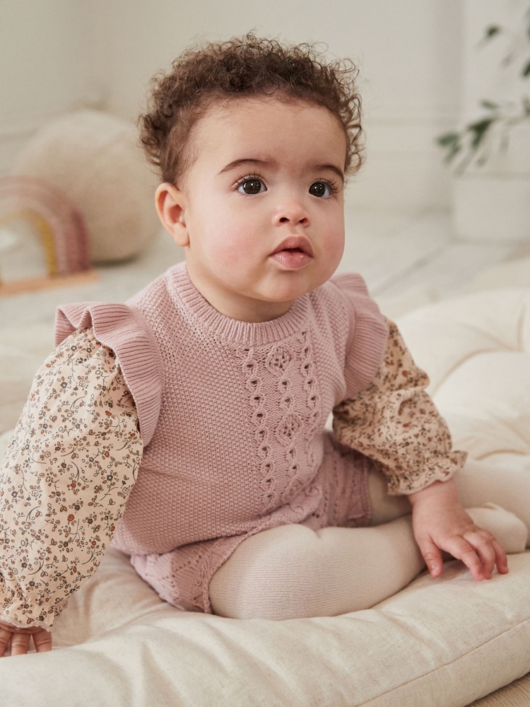 Pink Knitted Bloomer 100% Cotton Shorts Long Sleeve Top and Tights Set (0mths-2yrs) - Image 2 of 13