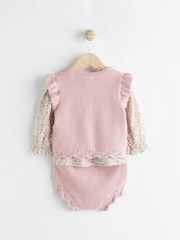 Pink Knitted Bloomer 100% Cotton Shorts Long Sleeve Top and Tights Set (0mths-2yrs) - Image 5 of 13