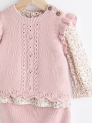 Pink Knitted Bloomer 100% Cotton Shorts Long Sleeve Top and Tights Set (0mths-2yrs) - Image 9 of 13