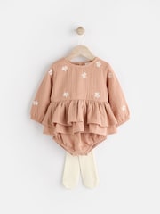 Beige Baby Bloomer 100% Cotton Romper with Tights Set (0mths-3yrs) - Image 1 of 12