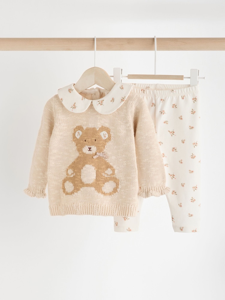 Cream Bear Baby Knitted 100% Cotton Jumper And Legging Set (0mths-3yrs) - Image 1 of 11