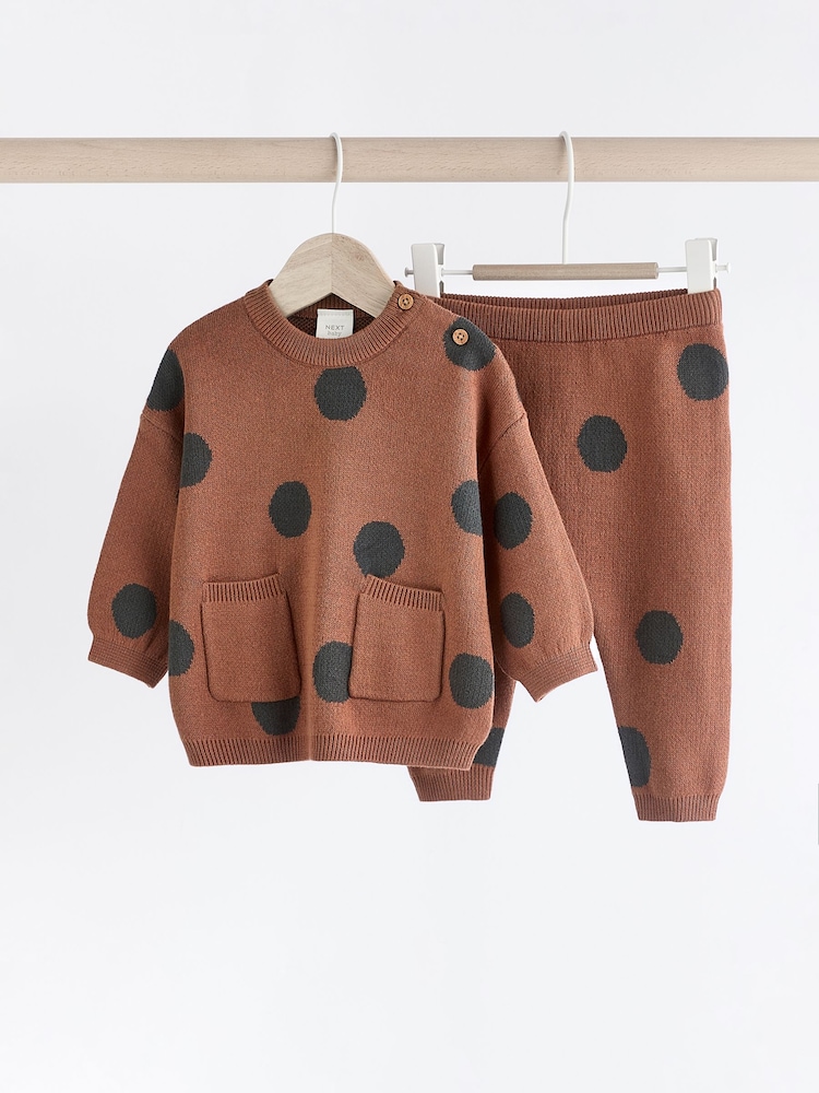 Tan Brown Spot Baby Knitted 100% Cotton Jumper and Leggings Set (0mths-2yrs) - Image 1 of 11 Tan Brown Spot Baby Knitted 100% Cotton Jumper and Leggings Set (0mths-2yrs) - Image 1 of 11