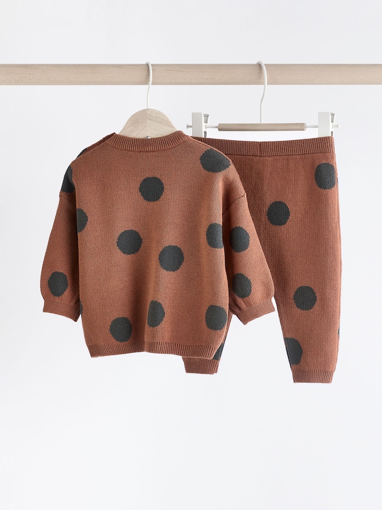 Tan Brown Spot Baby Knitted 100% Cotton Jumper and Leggings Set (0mths-2yrs) - Image 2 of 11 Tan Brown Spot Baby Knitted 100% Cotton Jumper and Leggings Set (0mths-2yrs) - Image 2 of 11