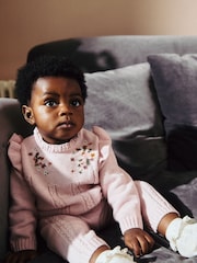 Pink Flower Embroidered Baby Knitted 100% Cotton Jumper And Leggings Set (0mths-2yrs) - Image 1 of 11