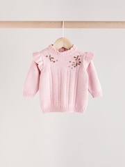 Pink Flower Embroidered Baby Knitted 100% Cotton Jumper And Leggings Set (0mths-2yrs) - Image 10 of 11