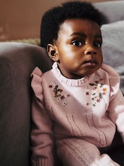 Pink Flower Embroidered Baby Knitted 100% Cotton Jumper And Leggings Set (0mths-2yrs) - Image 4 of 11