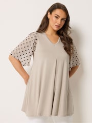 Yours Curve Natural Pleated Front Swing Mesh Sleeve Top - Image 1 of 5