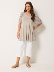 Yours Curve Natural Pleated Front Swing Mesh Sleeve Top - Image 2 of 5
