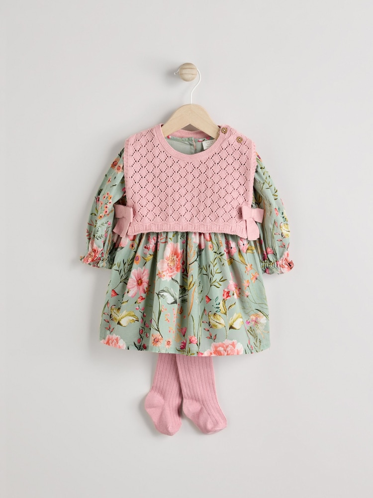 Sage Green/Floral with Removeable Vest Woven Dress and Tights Set (0mths-2yrs) - Image 1 of 27