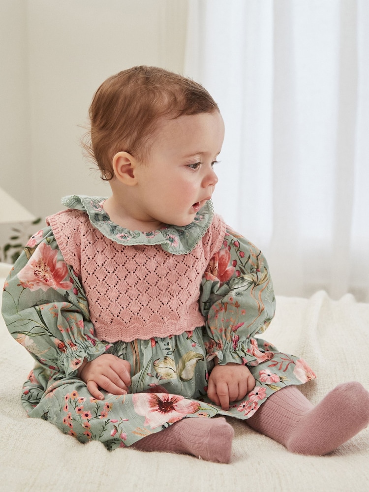 Sage Green/Floral with Removeable Vest Woven Dress and Tights Set (0mths-2yrs) - Image 2 of 27