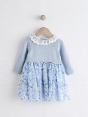 Blue Floral 2-in-1 Long Sleeve Knitted Jumper Frill Collar Mesh Dress (0mths-2yrs) - Image 1 of 6