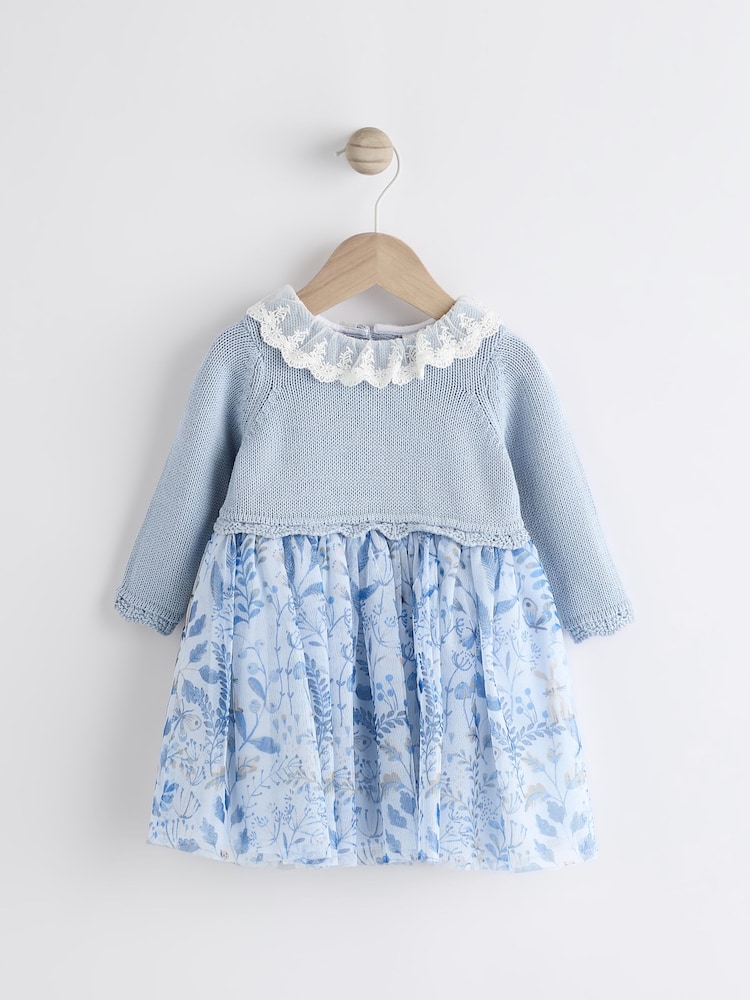 Blue Floral 2-in-1 Long Sleeve Knitted Jumper Frill Collar Mesh Dress (0mths-2yrs) - Image 1 of 6