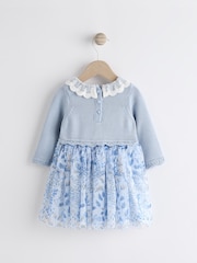 Blue Floral 2-in-1 Long Sleeve Knitted Jumper Frill Collar Mesh Dress (0mths-2yrs) - Image 2 of 6