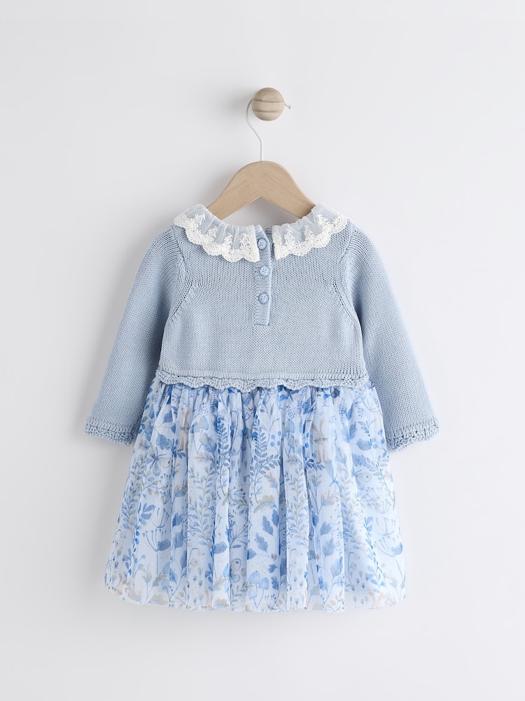Blue Floral 2-in-1 Long Sleeve Knitted Jumper Frill Collar Mesh Dress (0mths-2yrs) - Image 2 of 6