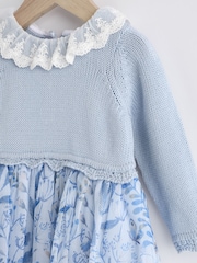 Blue Floral 2-in-1 Long Sleeve Knitted Jumper Frill Collar Mesh Dress (0mths-2yrs) - Image 3 of 6