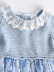 Blue Floral 2-in-1 Long Sleeve Knitted Jumper Frill Collar Mesh Dress (0mths-2yrs) - Image 4 of 6