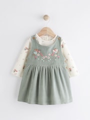 Green Embroidered Baby Corduroy Pinafore 100% Cotton Dress With Tights (0mths-2yrs) - Image 1 of 9