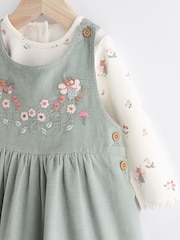 Green Embroidered Baby Corduroy Pinafore 100% Cotton Dress With Tights (0mths-2yrs) - Image 5 of 9