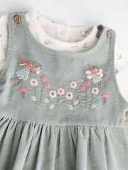 Green Embroidered Baby Corduroy Pinafore 100% Cotton Dress With Tights (0mths-2yrs) - Image 6 of 9