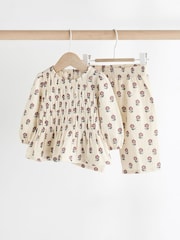 Ecru/ Pink Floral Woven Long Sleeve 100% Cotton Top and Wide Leg Trousers Set (0mths-2yrs) - Image 1 of 1