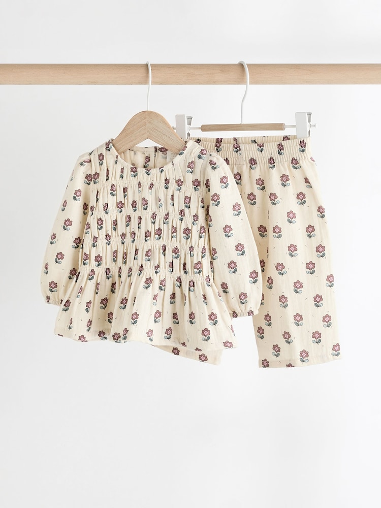Ecru/ Pink Floral Woven Long Sleeve 100% Cotton Top and Wide Leg Trousers Set (0mths-2yrs) - Image 1 of 1