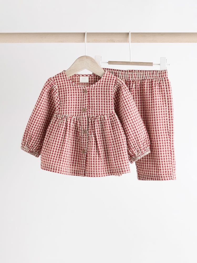 Red Gingham Woven Long Sleeve 100% Cotton Top and Wide Leg Trousers Set (0mths-2yrs) - Image 1 of 12