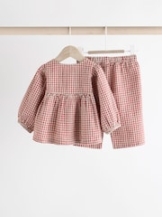 Red Gingham Woven Long Sleeve 100% Cotton Top and Wide Leg Trousers Set (0mths-2yrs) - Image 2 of 12