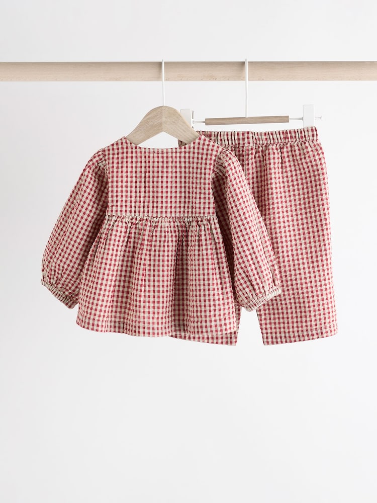 Red Gingham Woven Long Sleeve 100% Cotton Top and Wide Leg Trousers Set (0mths-2yrs) - Image 2 of 12