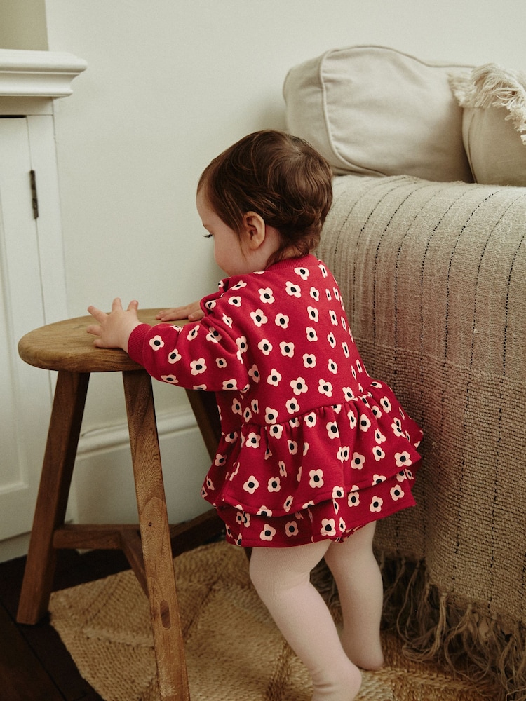 Red Flower Print Skirted Baby Romper with Tights (0mths-3yrs) - Image 2 of 14