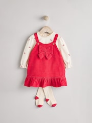 Red 3D Bow Baby Corduroy Pinafore 100% Cotton Dress With Tights (0mths-2yrs) - Image 1 of 8