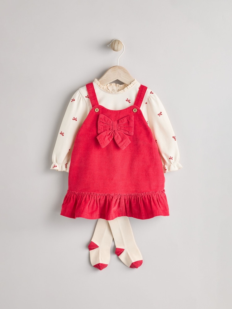Red 3D Bow Baby Corduroy Pinafore 100% Cotton Dress With Tights (0mths-2yrs) - Image 1 of 8