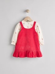 Red 3D Bow Baby Corduroy Pinafore 100% Cotton Dress With Tights (0mths-2yrs) - Image 2 of 8