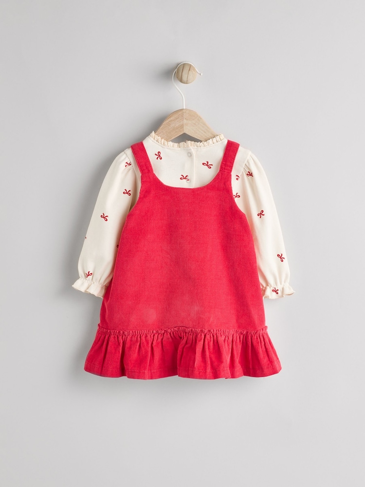 Red 3D Bow Baby Corduroy Pinafore 100% Cotton Dress With Tights (0mths-2yrs) - Image 2 of 8