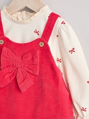 Red 3D Bow Baby Corduroy Pinafore 100% Cotton Dress With Tights (0mths-2yrs) - Image 4 of 8