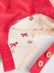 Red 3D Bow Baby Corduroy Pinafore 100% Cotton Dress With Tights (0mths-2yrs) - Image 6 of 8