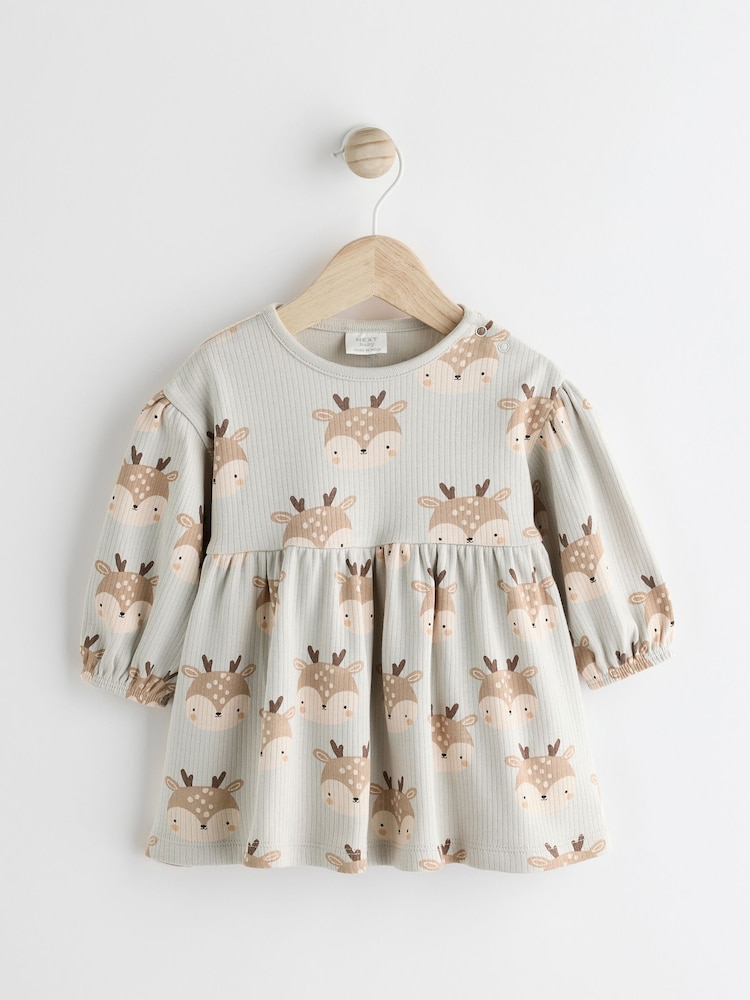 Mint Green Deer Print Christmas Baby Jersey 100% Cotton Dress With Tights Set (0mths-2yrs) - Image 2 of 8