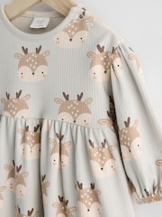 Mint Green Deer Print Christmas Baby Jersey 100% Cotton Dress With Tights Set (0mths-2yrs) - Image 4 of 8