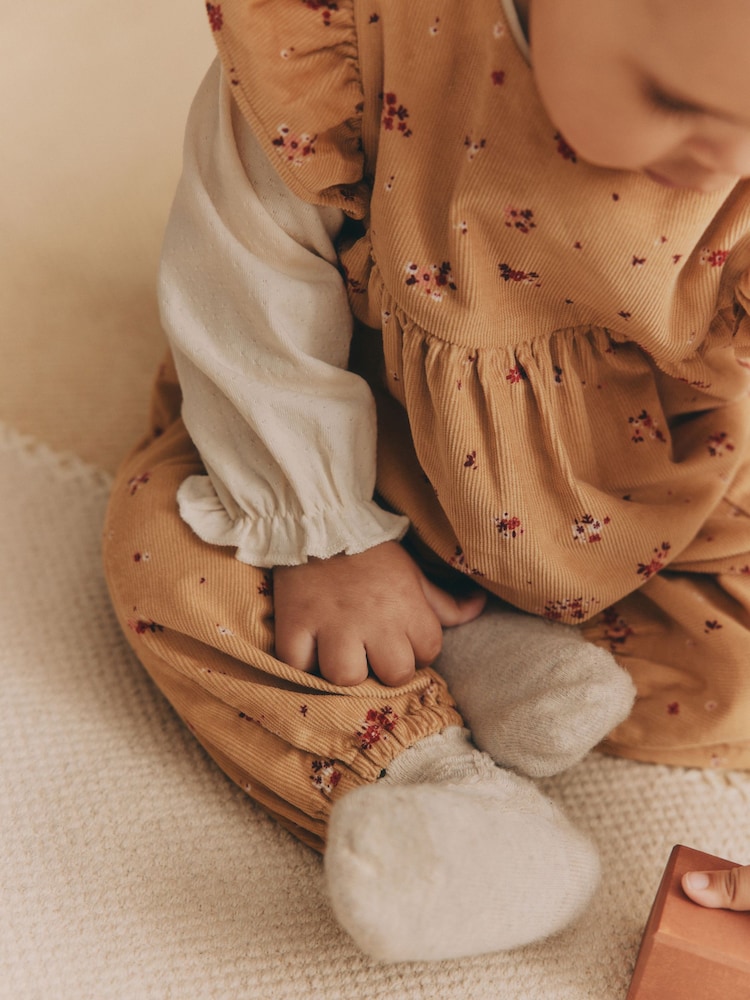 Ochre Yellow Ditsy Floral Baby Corduroy 100% Cotton Dungarees and Long Sleeve Bodysuit Set (0mths-2yrs) - Image 2 of 10