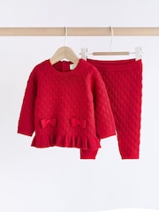 Red 3D Bows Baby Knitted 100% Cotton Jumper And Leggings Set (0mths-2yrs) - Image 1 of 11