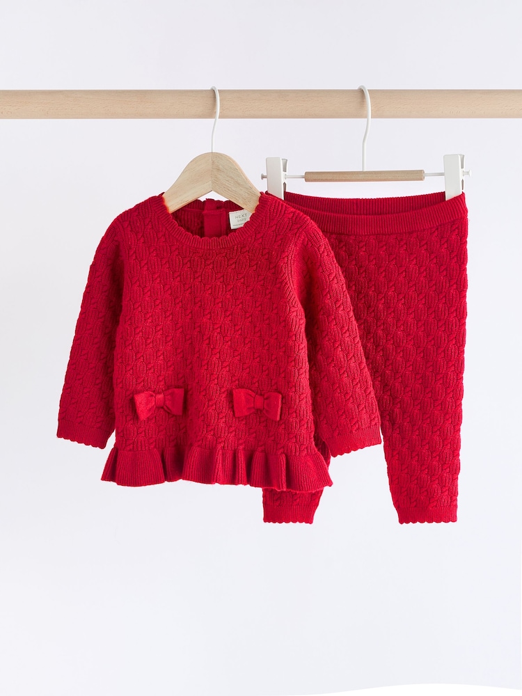 Red 3D Bows Baby Knitted 100% Cotton Jumper And Leggings Set (0mths-2yrs) - Image 1 of 11