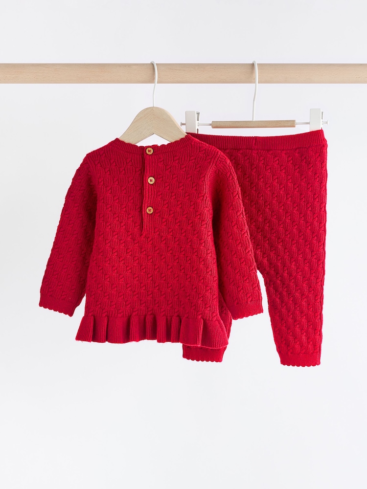 Red 3D Bows Baby Knitted 100% Cotton Jumper And Leggings Set (0mths-2yrs) - Image 2 of 11